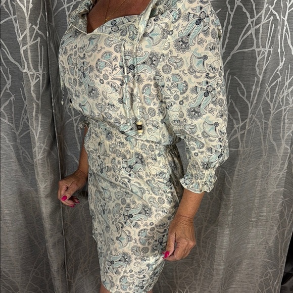 Amour Vert Blue Tan Paisley Sheath Dress Puff Sleeve Sz S - Picture 3 of 10